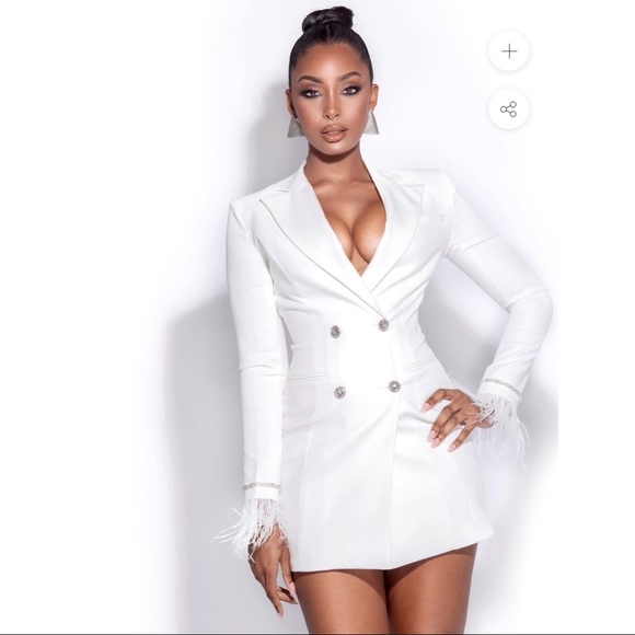 White Feather Crystal Sleeve Backless Blazer Dress - Picture 3 of 4